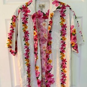 EUC Mens Paradise Bay Button Down Tropical Floral Hawaiian Shirt Pink White M